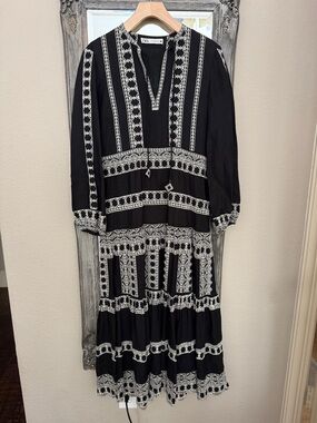 Zara Black Maxi Dress White Embroidered Trim- STUNNING